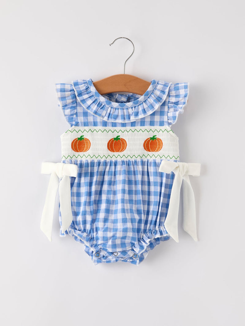 Fall Thanksgiving& Halloween Blue Pumpkin Smock Embroidery Baby Girl Romper - 6