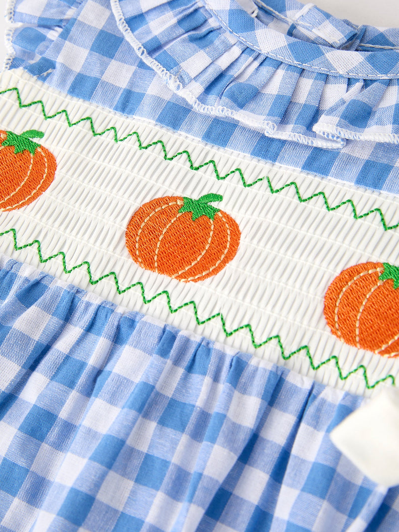 Fall Thanksgiving& Halloween Blue Pumpkin Smock Embroidery Baby Girl Romper - 8