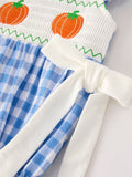 Fall Thanksgiving& Halloween Blue Pumpkin Smock Embroidery Baby Girl Romper - 9