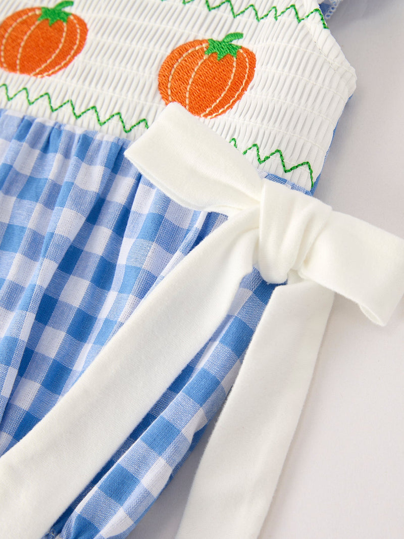 Fall Thanksgiving& Halloween Blue Pumpkin Smock Embroidery Baby Girl Romper - 9