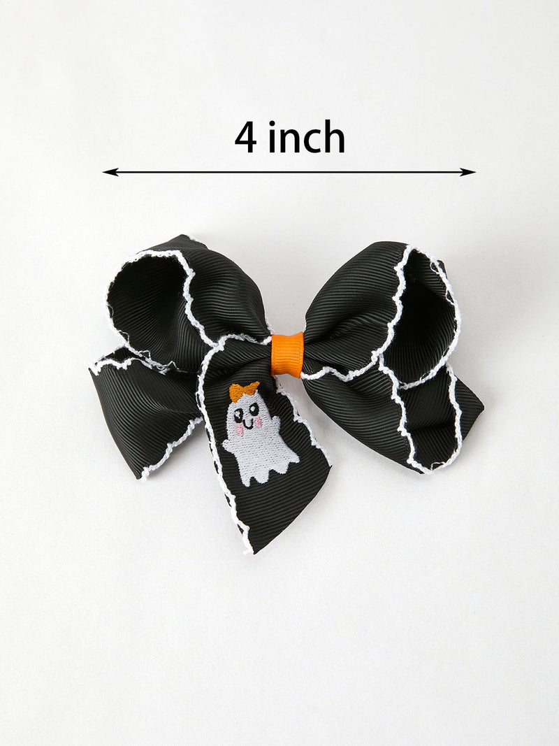 Halloween Ghost Embroidered Black Bow Hairpin - 3