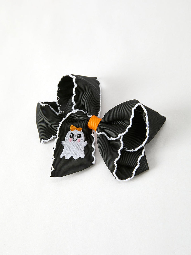 Halloween Ghost Embroidered Black Bow Hairpin - 1
