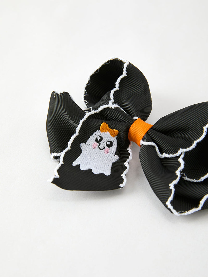 Halloween Ghost Embroidered Black Bow Hairpin - 6