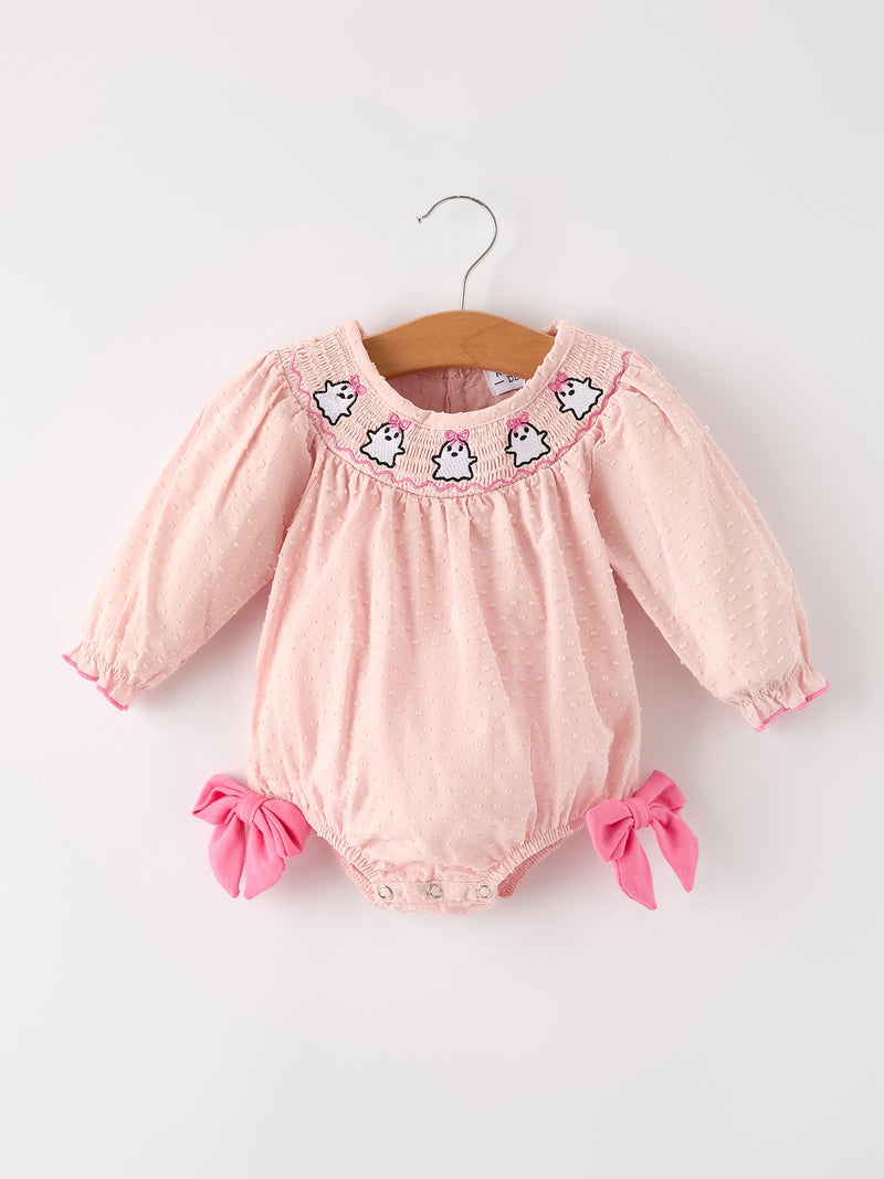 Autumn Halloween Light Pink Ghost Embroidery Smock Floral Girls Romper - 1