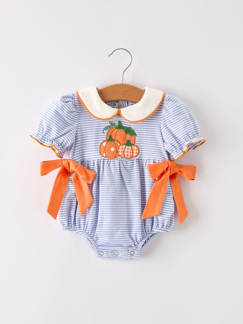 Fall Thanksgiving and Halloween Lapel Stripe Pumpkin Applique Bow Girls Romper - 1