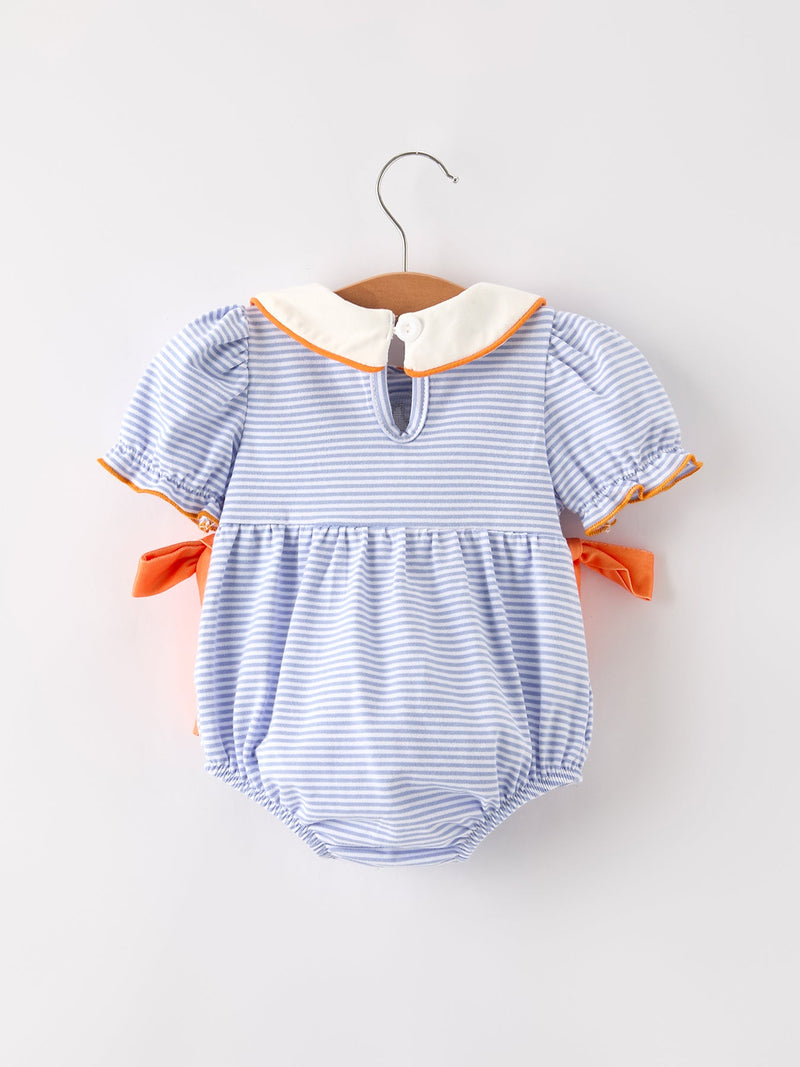 Fall Thanksgiving and Halloween Lapel Stripe Pumpkin Applique Bow Girls Romper - 2