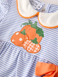 Fall Thanksgiving and Halloween Lapel Stripe Pumpkin Applique Bow Girls Romper - 3