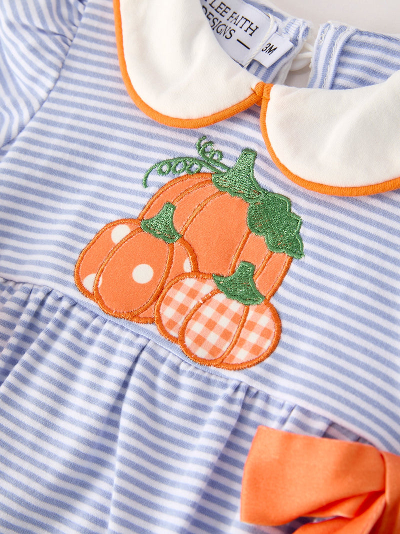 Fall Thanksgiving and Halloween Lapel Stripe Pumpkin Applique Bow Girls Romper - 3