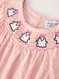 Autumn Halloween Light Pink Ghost Embroidery Smock Floral Girls Romper - 3