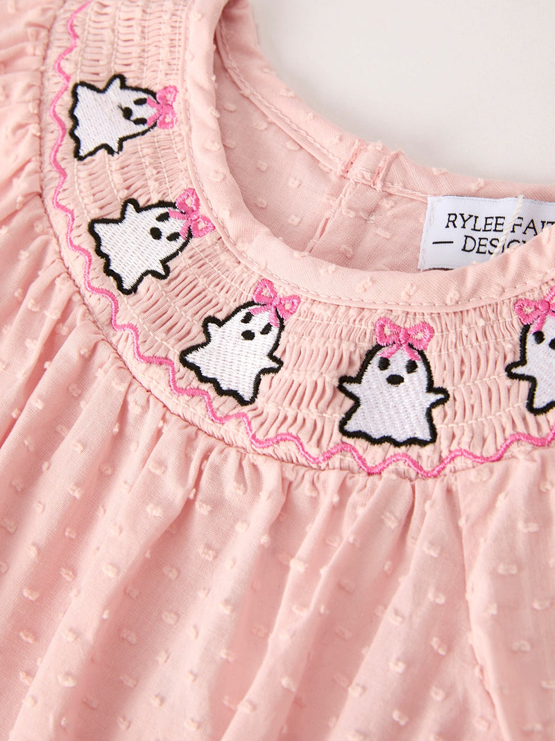 Autumn Halloween Light Pink Ghost Embroidery Smock Floral Girls Romper - 3