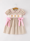 Fall Thanksgiving Lapel Plaid Chick Embroidery Smocking Bow Baby Girls Dress - 7
