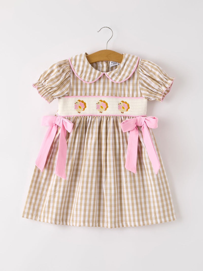 Fall Thanksgiving Lapel Plaid Chick Embroidery Smocking Bow Baby Girls Dress - 7