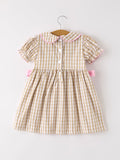 Fall Thanksgiving Lapel Plaid Chick Embroidery Smocking Bow Baby Girls Dress - 8