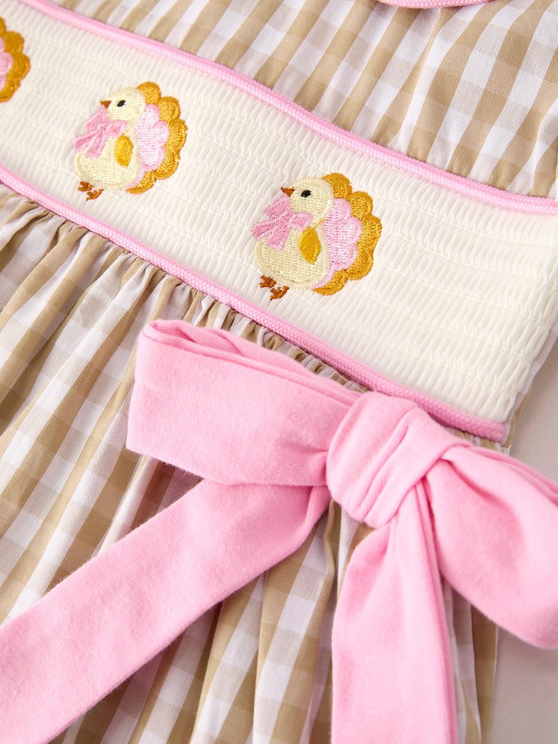 Fall Thanksgiving Lapel Plaid Chick Embroidery Smocking Bow Baby Girls Dress - 10