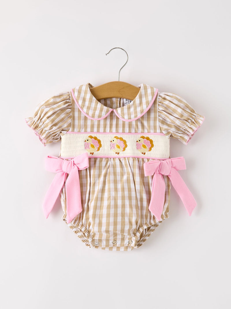 Fall Thanksgiving Lapel Plaid Chick Embroidery Smocking Bow Baby Girls Romper - 7