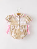 Fall Thanksgiving Lapel Plaid Chick Embroidery Smocking Bow Baby Girls Romper - 8