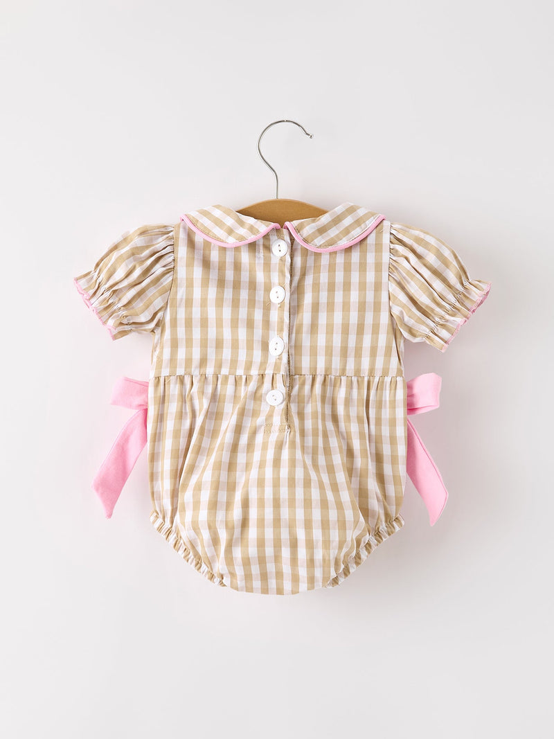 Fall Thanksgiving Lapel Plaid Chick Embroidery Smocking Bow Baby Girls Romper - 8