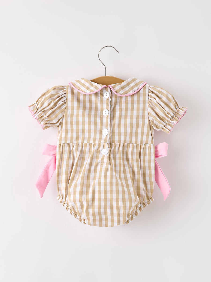 Fall Thanksgiving Lapel Plaid Chick Embroidery Smocking Bow Baby Girls Romper