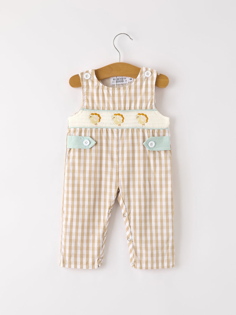 Fall Thanksgiving Apricot Plaid Chick Embroidery Smocking Baby Boys Romper - 1