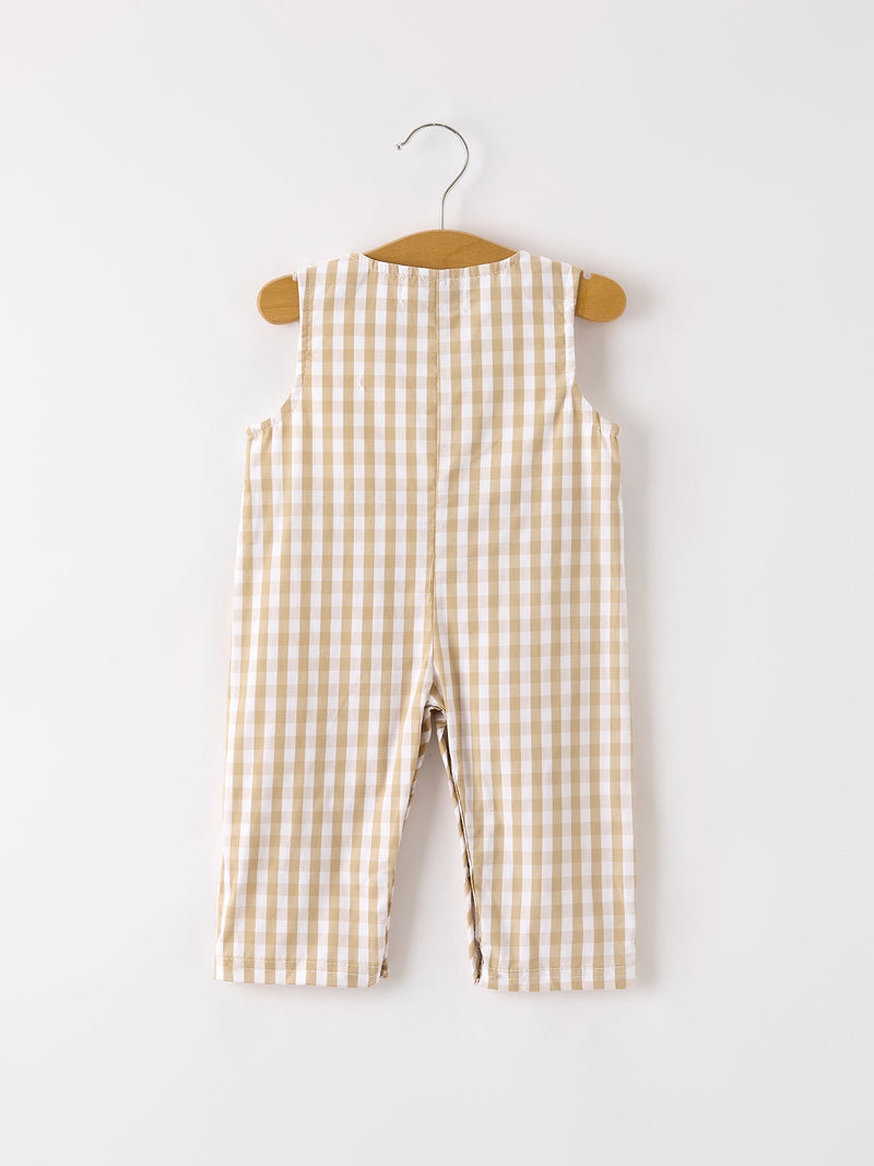 Fall Thanksgiving Apricot Plaid Chick Embroidery Smocking Baby Boys Romper - 2