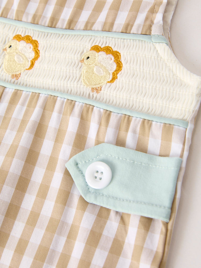 Fall Thanksgiving Apricot Plaid Chick Embroidery Smocking Baby Boys Romper - 4