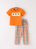 Fall Thanksgiving Color Plaid Chick Embroidery Smocking Boys Set - 1