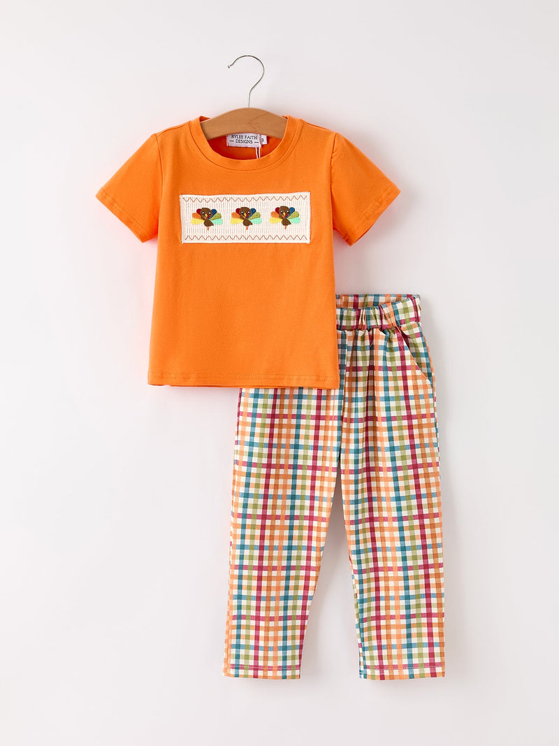 Fall Thanksgiving Color Plaid Chick Embroidery Smocking Boys Set - 1
