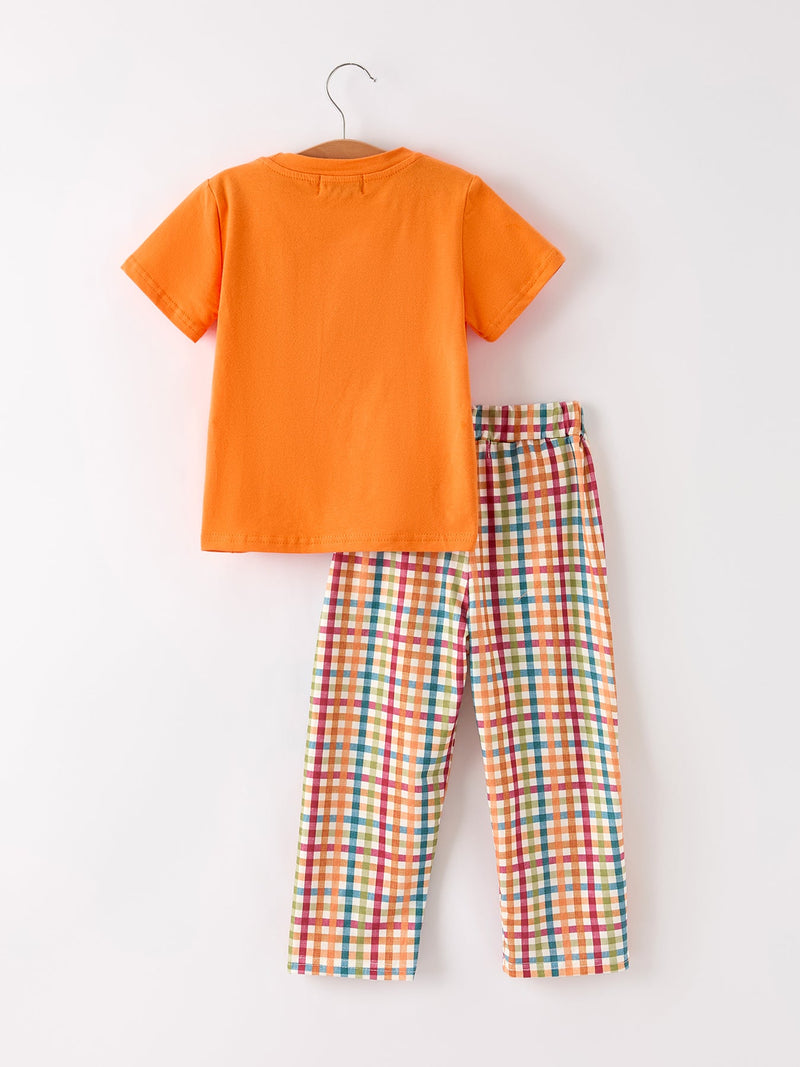 Fall Thanksgiving Color Plaid Chick Embroidery Smocking Boys Set - 2