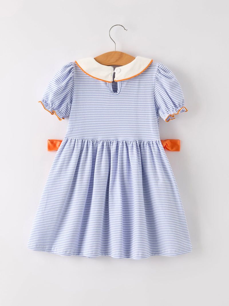 Fall Thanksgiving and Halloween Lapel Stripe Pumpkin Applique Bow Girls Dress - 2