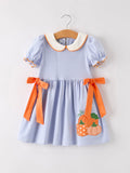 Fall Thanksgiving and Halloween Lapel Stripe Pumpkin Applique Bow Girls Dress - 1