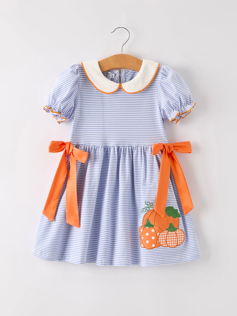 Fall Thanksgiving and Halloween Lapel Stripe Pumpkin Applique Bow Girls Dress - 1
