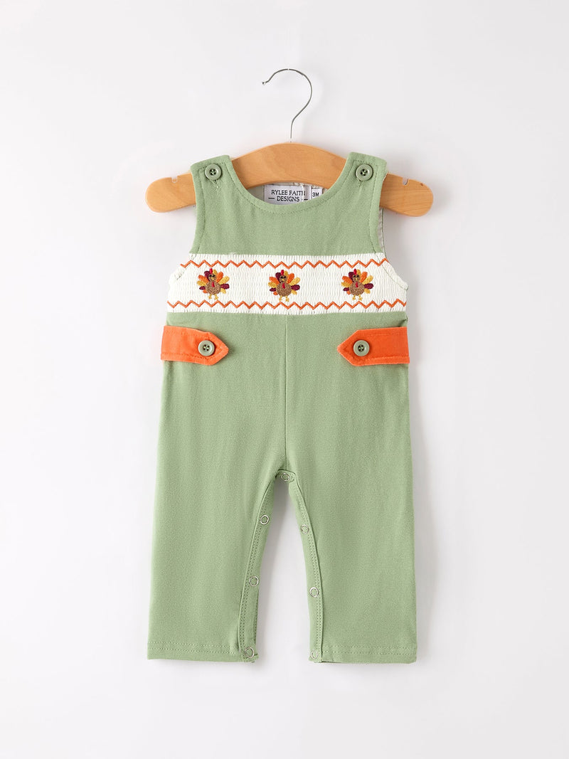 Fall Thanksgiving Chicken Smock Embroidered Green Boys Romper - 1