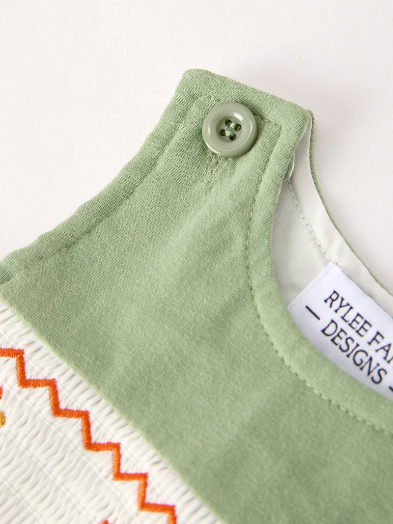 Fall Thanksgiving Chicken Smock Embroidered Green Boys Romper - 3