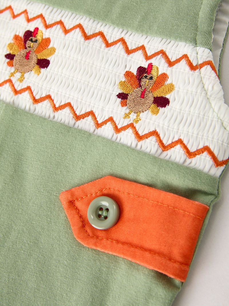 Fall Thanksgiving Chicken Smock Embroidered Green Boys Romper - 4
