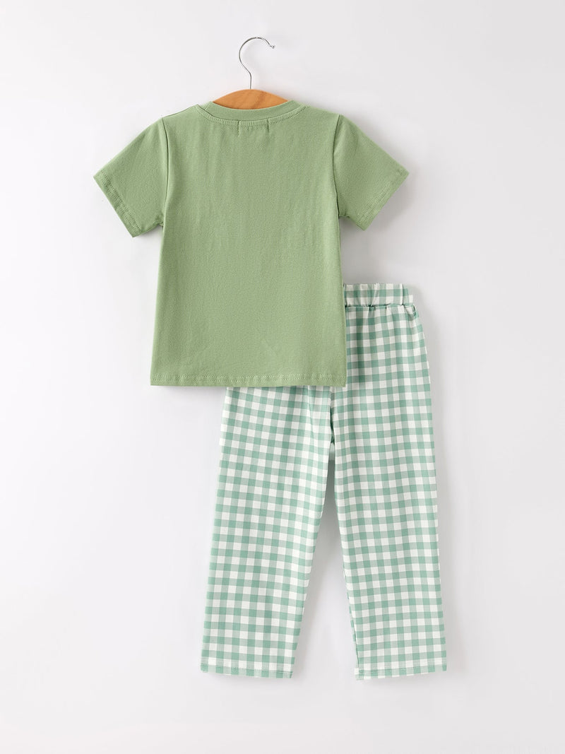 Fall Thanksgiving Chicken Smock Embroidered Green Plaid Boys 'Set - 2