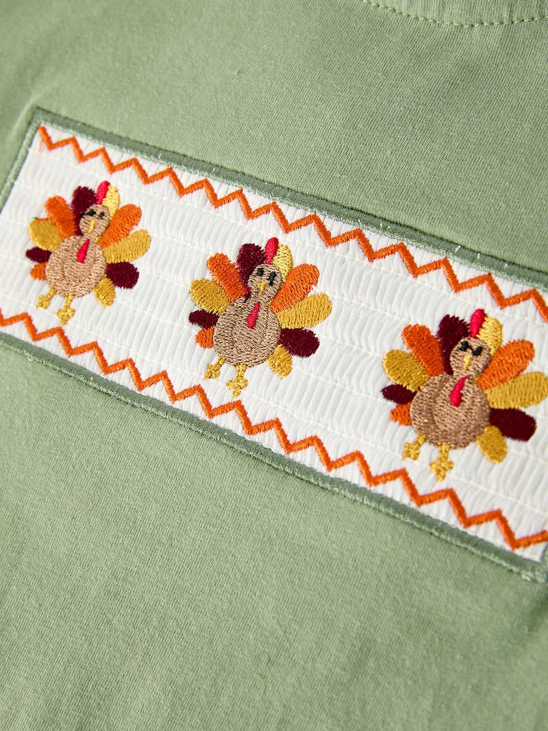 Fall Thanksgiving Chicken Smock Embroidered Green Plaid Boys 'Set - 5