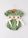Fall Thanksgiving Chicken Smock Embroidered Green  Baby Girl Romper - 1