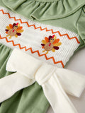 Fall Thanksgiving Chicken Smock Embroidered Green  Baby Girl Romper - 3