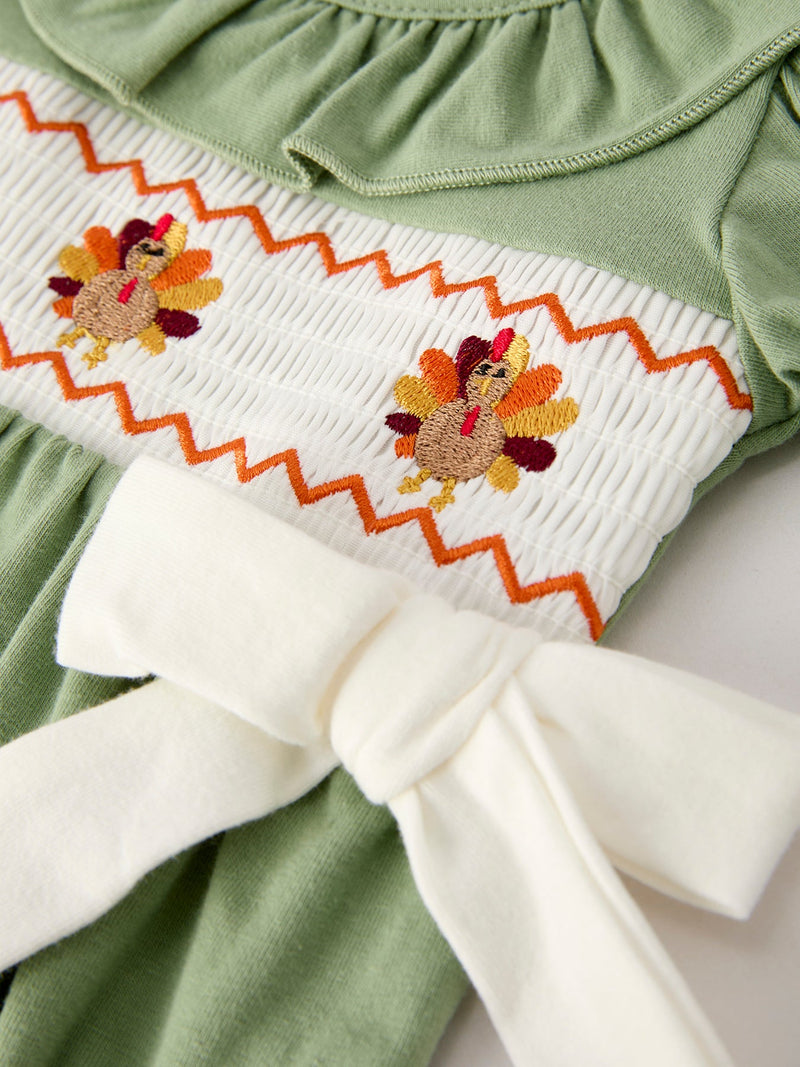 Fall Thanksgiving Chicken Smock Embroidered Green  Baby Girl Romper - 3