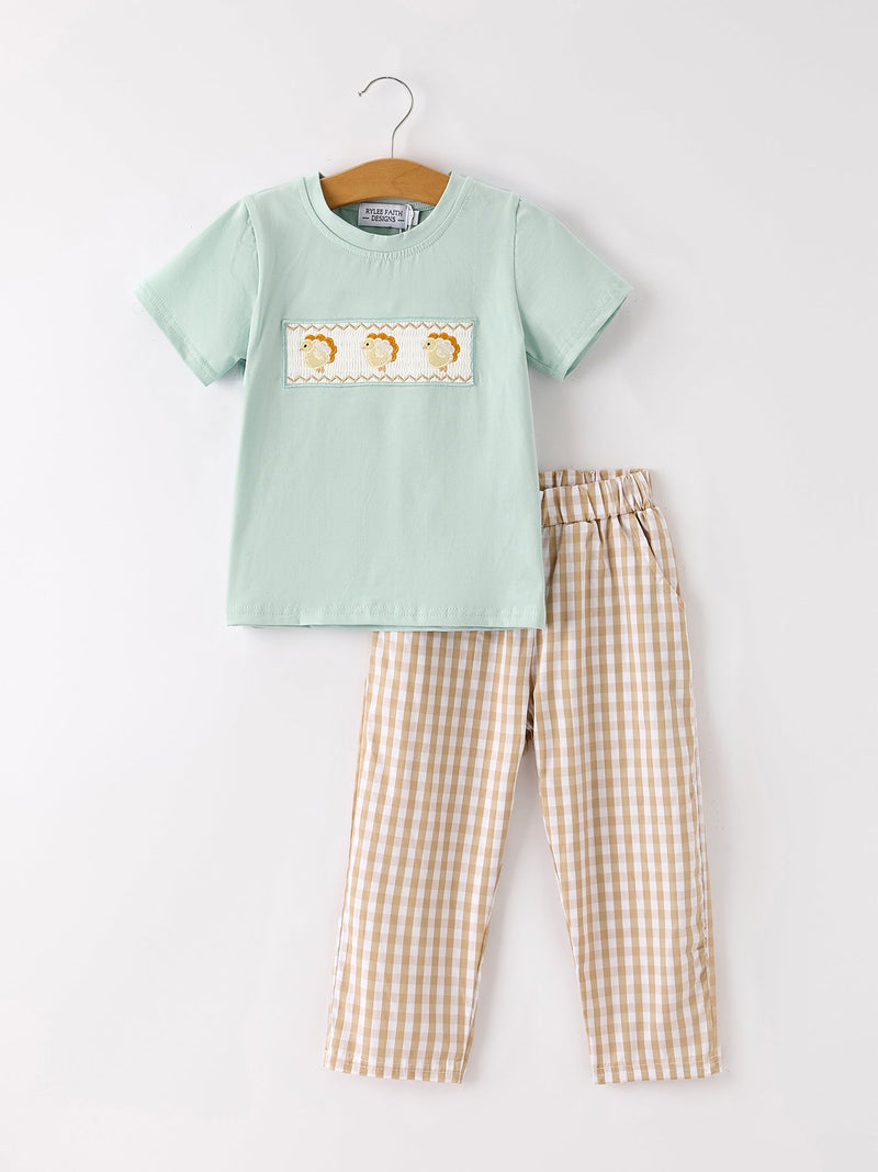 Fall Thanksgiving Plaid Chick Embroidery Smocking Boys Set - 5