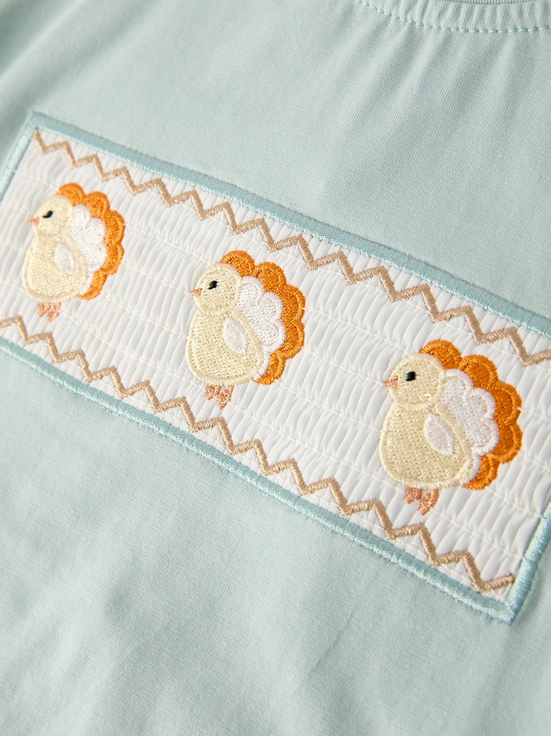 Fall Thanksgiving Plaid Chick Embroidery Smocking Boys Set - 7