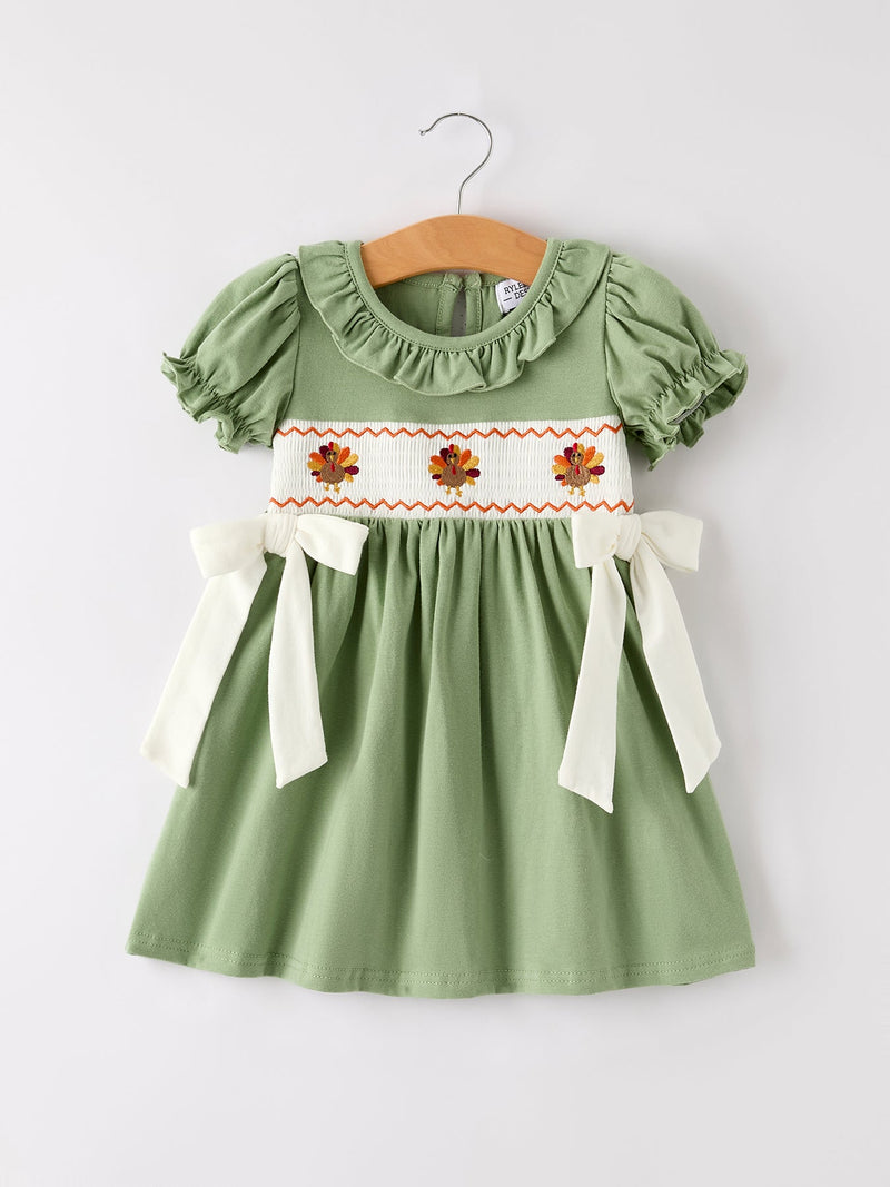 Fall Thanksgiving Chicken Smock Embroidered Green  Baby Girl Dress - 1