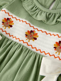 Fall Thanksgiving Chicken Smock Embroidered Green  Baby Girl Dress - 3