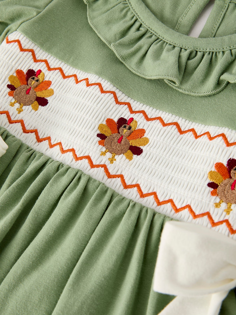 Fall Thanksgiving Chicken Smock Embroidered Green  Baby Girl Dress - 3