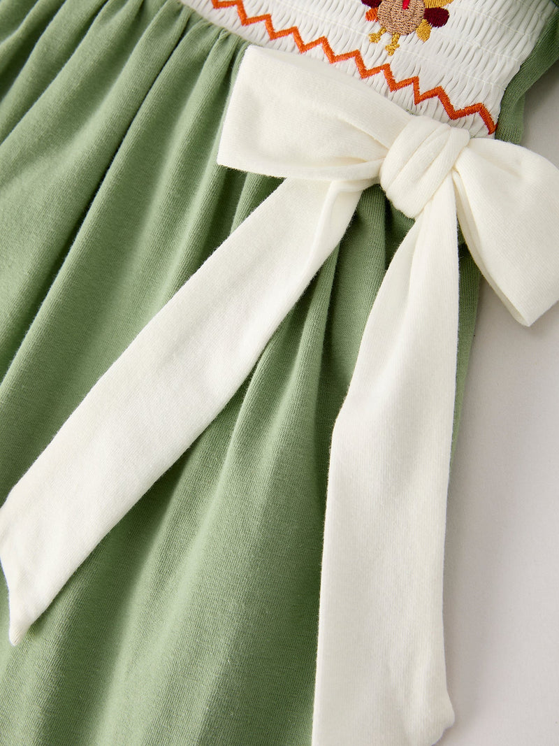 Fall Thanksgiving Chicken Smock Embroidered Green  Baby Girl Dress - 4
