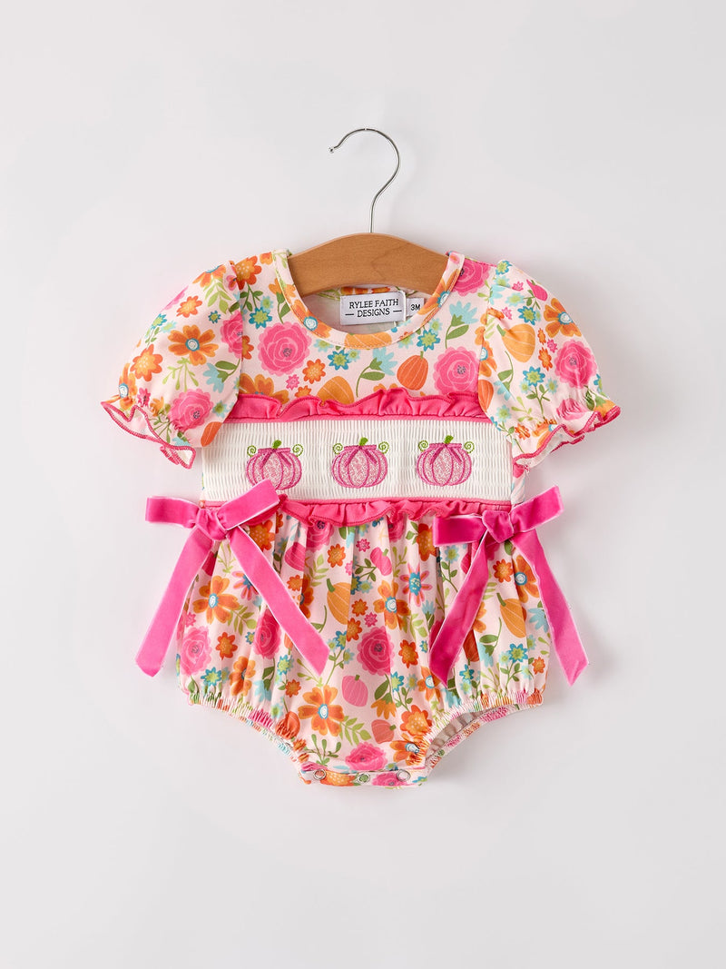 Autumn Halloween Thanksgiving Pumpkin Embroidery Smock Floral Girls Romper - 1
