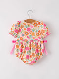 Autumn Halloween Thanksgiving Pumpkin Embroidery Smock Floral Girls Romper - 2