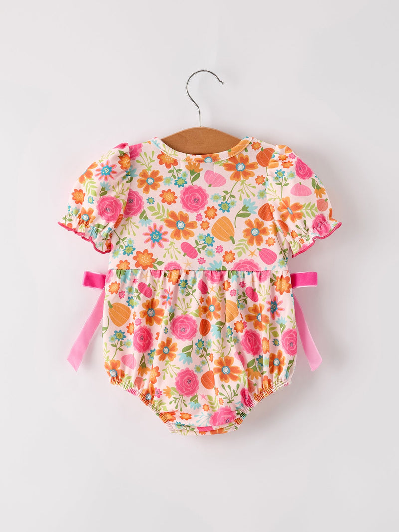 Autumn Halloween Thanksgiving Pumpkin Embroidery Smock Floral Girls Romper - 2