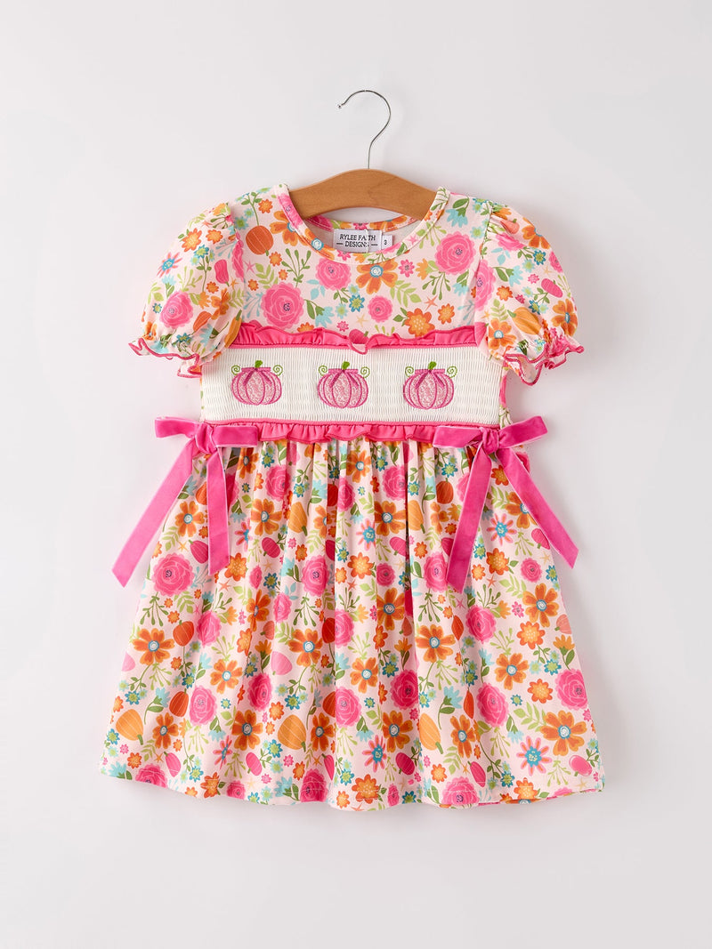 Autumn Thanksgiving Pumpkin Embroidery Smock Floral Girls Dress - 1