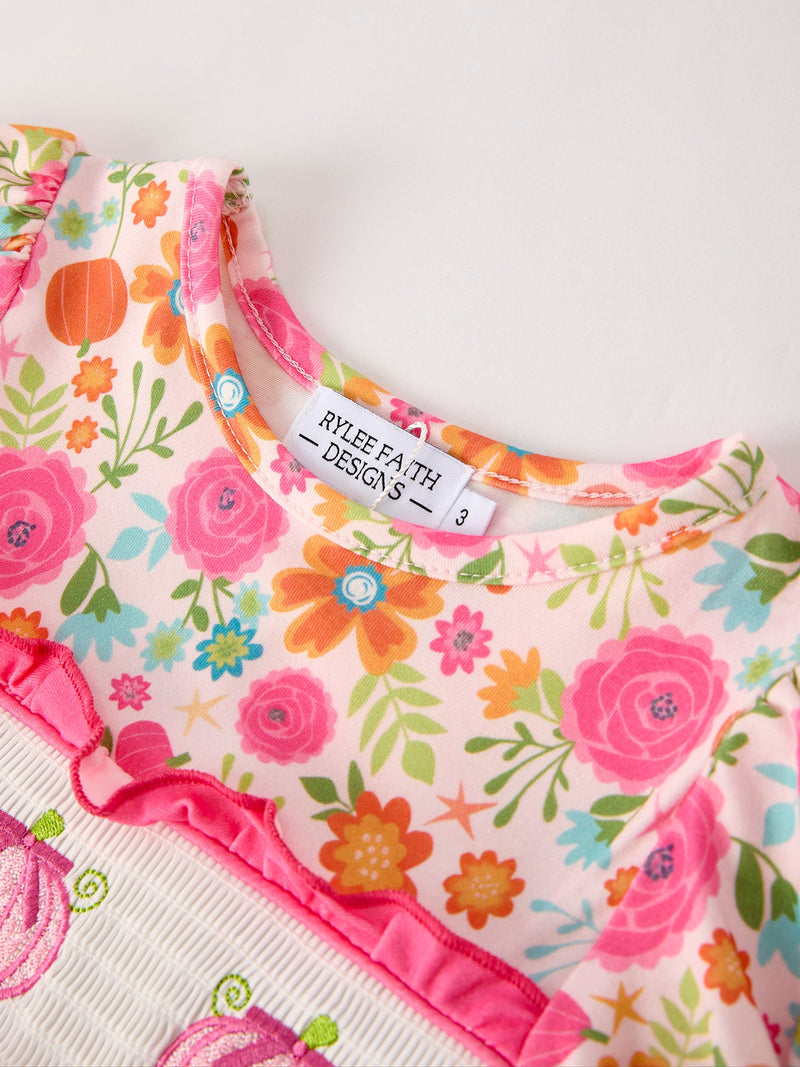 Autumn Thanksgiving Pumpkin Embroidery Smock Floral Girls Dress - 3